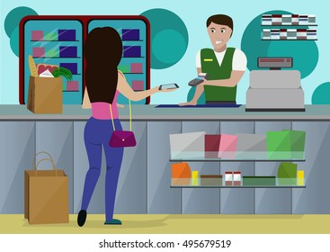 Woman is shopping at a supermarket, produces a wireless payment by smartphone. Vektor illustration.