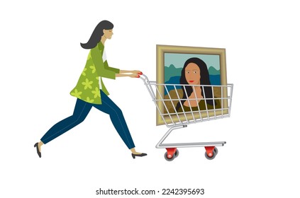 Woman with shopping trolley, bying art. Isolated on white. Vector illustration.