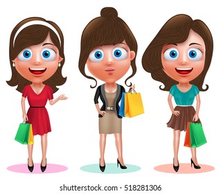Woman shopping vector characters set. Female happy holding shopping bags wearing fashion dress and hairstyles in white background. Vector illustration.
