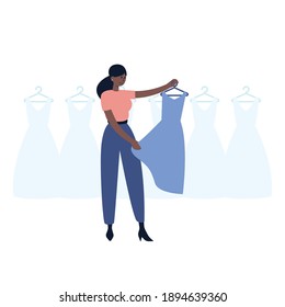 Woman shopping vector illustration. Flat female character - beautiful black woman choosing a new dress. Trendy, clothing, fashion, shopping, online shopping concept.
