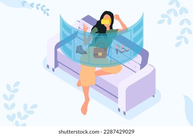 Woman shopping with vr glasses. Virtual and augmented reality. Electronic commerce and payments. Home delivery, modern technologies and innovations. Cartoon flat vector illustration