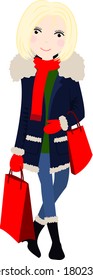 woman shopping wearing winter coat and scarf with bags. clear backed cute vector illustration.