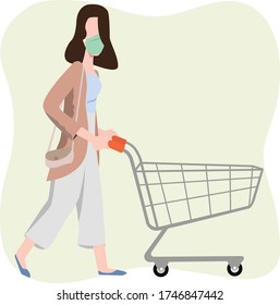 a woman is shopping while wearing a mask as a new normal, shopping while using mask to prevent covid19, a new normal. A woman using a trolley. Cartoon characters isolated. Flat vector illustration.