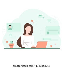Woman shopping and work from home with copy space white background. cartoon flat vector. modern style
