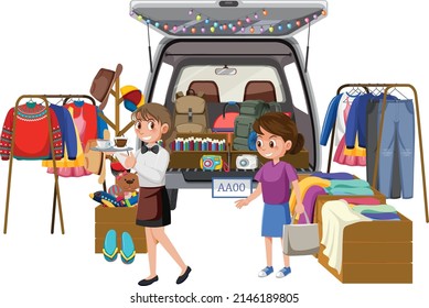 Woman Shopping At Yard Sale Illustration