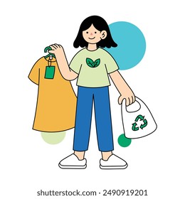 Woman Shopping Yellow Dress and Holding Recycle Bag, Eco-friendly Secondhand Fashion Vector Illustration with Editable Stroke Doodle Outline