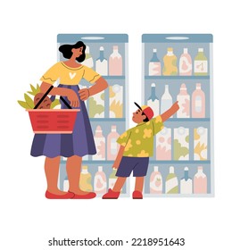 Woman with shoppping basket and little boy in supermarket. Mother and child buying food in grocery store. Kid points at the fridge, asks to buy him a drink. Minimalistic flat hand-drawn illustration