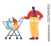 Woman with shoppping cart full of goods in supermarket. Female character buys food in grocery store. Back view. Minimalistic flat hand-drawn illustration