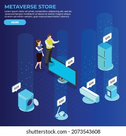 Woman shops electronics and appliances in a metaverse virtual reality store 3d isometric vector illustration concept for banner, website, landing page, ads, flyer template