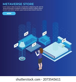 Woman shops furniture in a metaverse virtual reality store 3d isometric vector illustration concept for banner, website, landing page, ads, flyer template