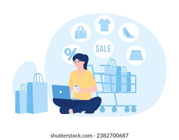 A woman shops online using a laptop trending concept flat illustration