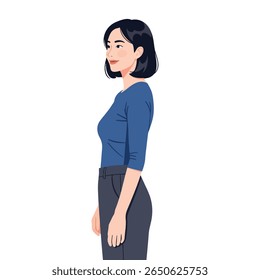 A woman with short black hair stands in profile, wearing a blue shirt and dark pants.