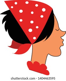 A woman with short black hair wearing a red bandana with white spots on her head, vector, color drawing or illustration. 