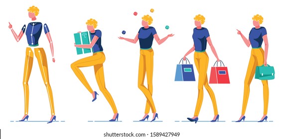 Woman with Short Blonde Hair in Different Spheres Flat Cartoon Vector Illustration. Girl Running with Box or Parcel, Juggling with Balls, Going with Shopping Bags, Holding Suitcase.