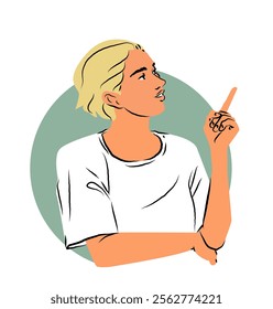 Woman with short blonde hair pointing upwards, wearing a white shirt, set against a green circular background. Modern and minimalistic design. Flat cartoon vector illustration isolated on white