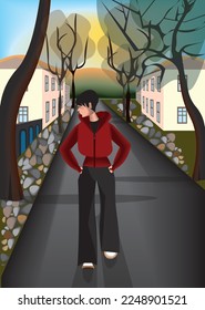 A woman with short dark hair in red coat walking alone on the street of a little old town with the houses and small buildings, trees, blue sky and sunshine.