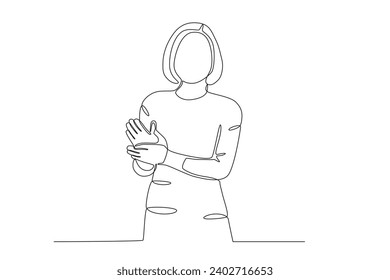 A woman with short hair applauded. Applause one-line drawing