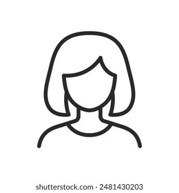 Woman with short hair and bangs, linear style icon. Editable stroke width