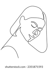 Woman with Short Hair Feeling Happy, Looking Down and Closing Her Eyes and Smiling in Minimal One Line Art Drawing