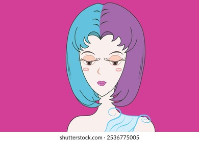 A woman with short hair, half blue and pink. illustration vector, hand drawn, curled eyelashes, cartoon