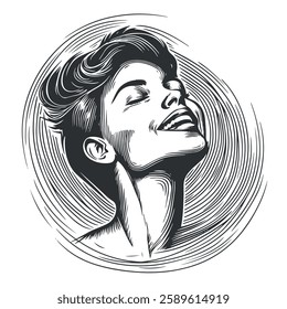 A woman with short hair, laughing joyfully with her eyes closed. Engraving sketch black and white 2 colors