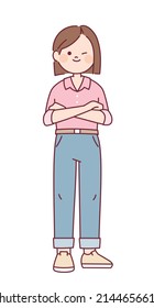 A woman with short hair, a pink shirt and blue jeans stands with her arms crossed in a confident pose. flat design style vector illustration.