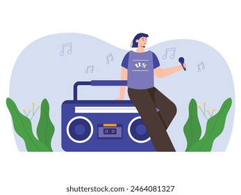 A woman with short hair is relaxing singing using a mic and radio. Character design. Vector flat illustration