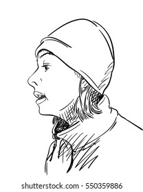 Woman with short hair in sweater and hat talking with someone, Hand drawn illustration, Vector sketch