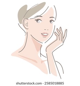 A woman with short hair touches her cheek with her finger. Beauty, fashion, makeup, skincare concept. Vector illustration in line drawing, isolated on white background.