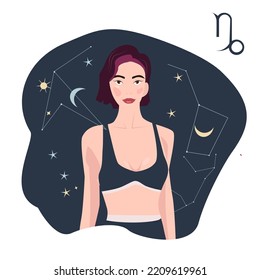 Una mujer con un corto corte de pelo en el fondo de las estrellas. La ilustración es adecuada para el horóscopo y la astrología. Signo zodiaco Capricornio. El concepto de mujer mágica. Retrato de una niña