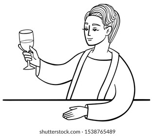 A woman with a short haircut in a cardigan holds a glass of wine. Vector outline illustration drawings on a white background