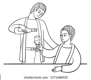 Woman with a short haircut in a cardigan holds a glass of wine. Man fills her glass with champagne. Vector outline illustration drawings on a white background. A couple celebrates and drink alcohol
