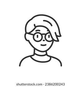 Woman with short hairstyle with glasses, linear icon. Avatar. Line with editable stroke