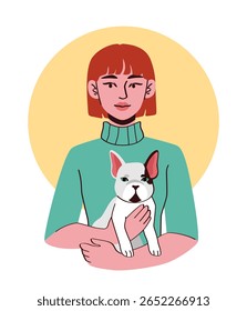 Woman with short red hair holding a small French bulldog in her arms, flat graphic style, yellow circular background. Concept of pet love and companionship. Vector illustration