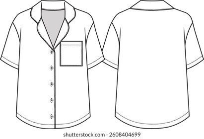 Woman Short Sleeve Flannel Pajama Top with a full button closure, collar and left chest pocket, curved hem, sketch front and back, vectors