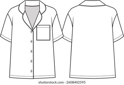 Woman Short Sleeves Flannel Pyjama Top with a full button closure, collar and left chest pocket, straight hem, sketch front and back, vectors