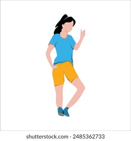a woman in shorts and a blue shirt is pointing her finger