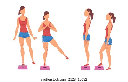 Woman in Shorts Doing Sport Workout and Strength Exercise with Stepper Vector Set
