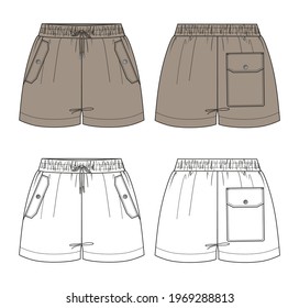 Woman shorts in vector graphic. Drawstring volume shorts with cord, front pockets, patch back pocket and folds.Flat isolated sketch. Fashion illustration template.
Scheme front and back views.