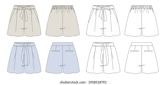 Woman shorts in vector graphic.City shorts with folds, pockets, button, belt loops and decorative belt with bow knot. 
Fashion illustration isolated template.Flat clothing sketch. Front and back vie