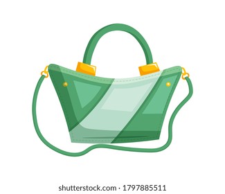 Woman shoulder bag. Isolated female fashion accessory. Beautiful woman trapeze hand bag glamour style design with handle and shoulder strap. Green lady handbag icon