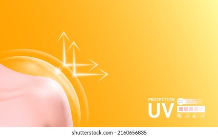 Mujer hombro hermoso y bóveda de bóveda translucida para protección UV ultravioleta su piel con vitamina bloqueante solar. Los productos diseñan cuidado de la piel de crema. Lugar vacío para el texto. Vector Eps10.