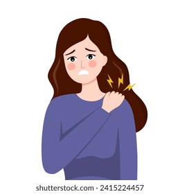 Woman with shoulder pain symptom in flat design on white background.