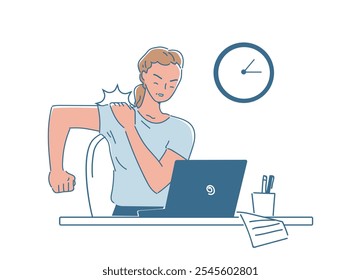 Woman with shoulder pain. Young girl at workplace holds her shoulder. Worker in pain. Poor posture and unhealthy lifestyle. Muscle cramp. Linear vector illustration isolated on white background