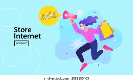 Woman Shout in Megaphone Inviting Customers for Shopping. Shop Promotion Discount and Price Off Day. Big sale. Online Shopping Landing Page Template. Advertising Campaign. Flat Vector Illustration