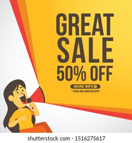 Woman shouting great sale in yellow themed color, digital marketing