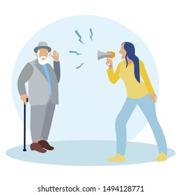 Woman shouting into a megaphone. Deaf man, senior citizen. In minimalist style. Cartoon flat vector illustration