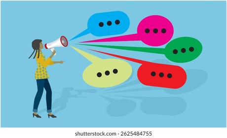 Woman shouting loud in megaphone to make her communication heard. Dimension 16:9. Vector illustration