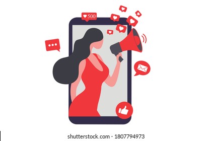 Woman shouting in loud speaker with social media icons. Influencer social media marketing, vlogger, youtuber, social influencer and influencer marketing concept vector illustration