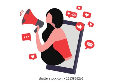 Woman shouting in loud speaker with social media icons. Influencer social media marketing, vlogger, youtuber, social influencer and influencer marketing concept vector illustration